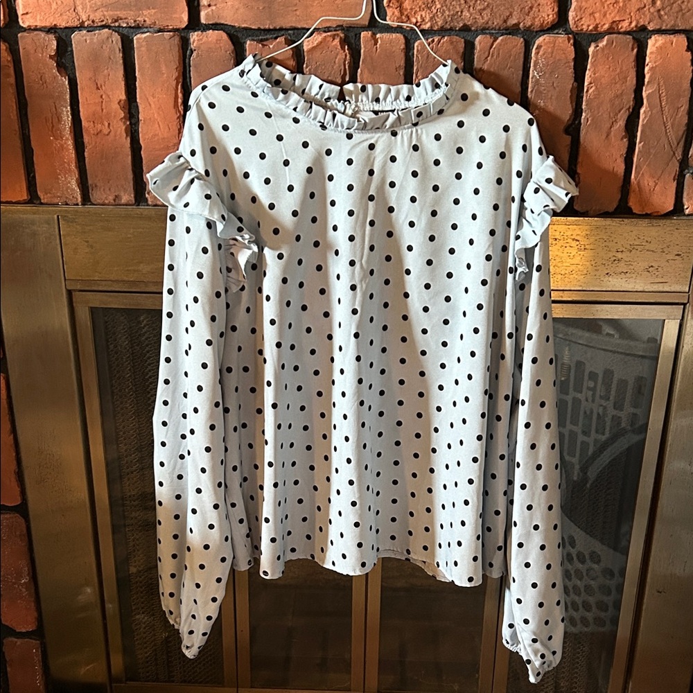 SHEIN Light Blue Polka Dot Ruffle Blouse
